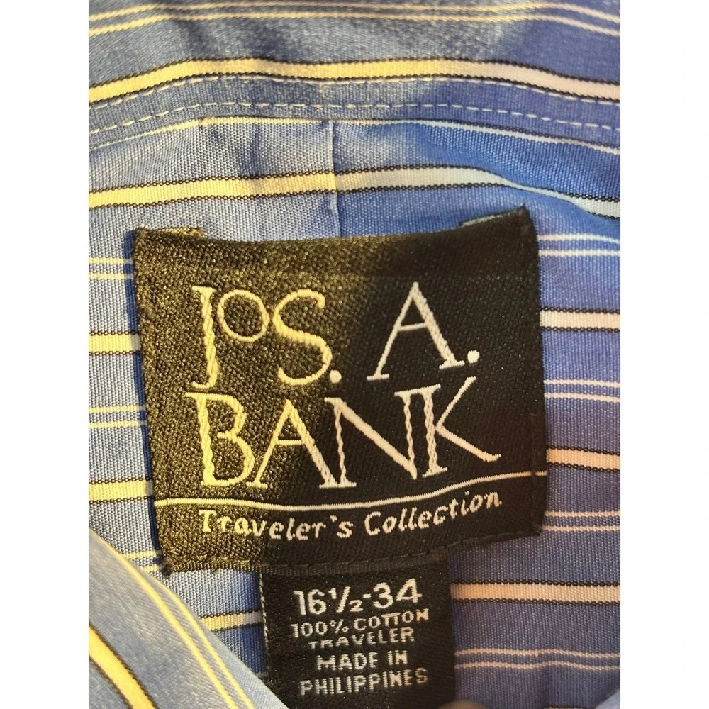 Jos. A. Bank Button Down Shirt Mens 16.5-34 Blue Striped Traveler Cotton Office